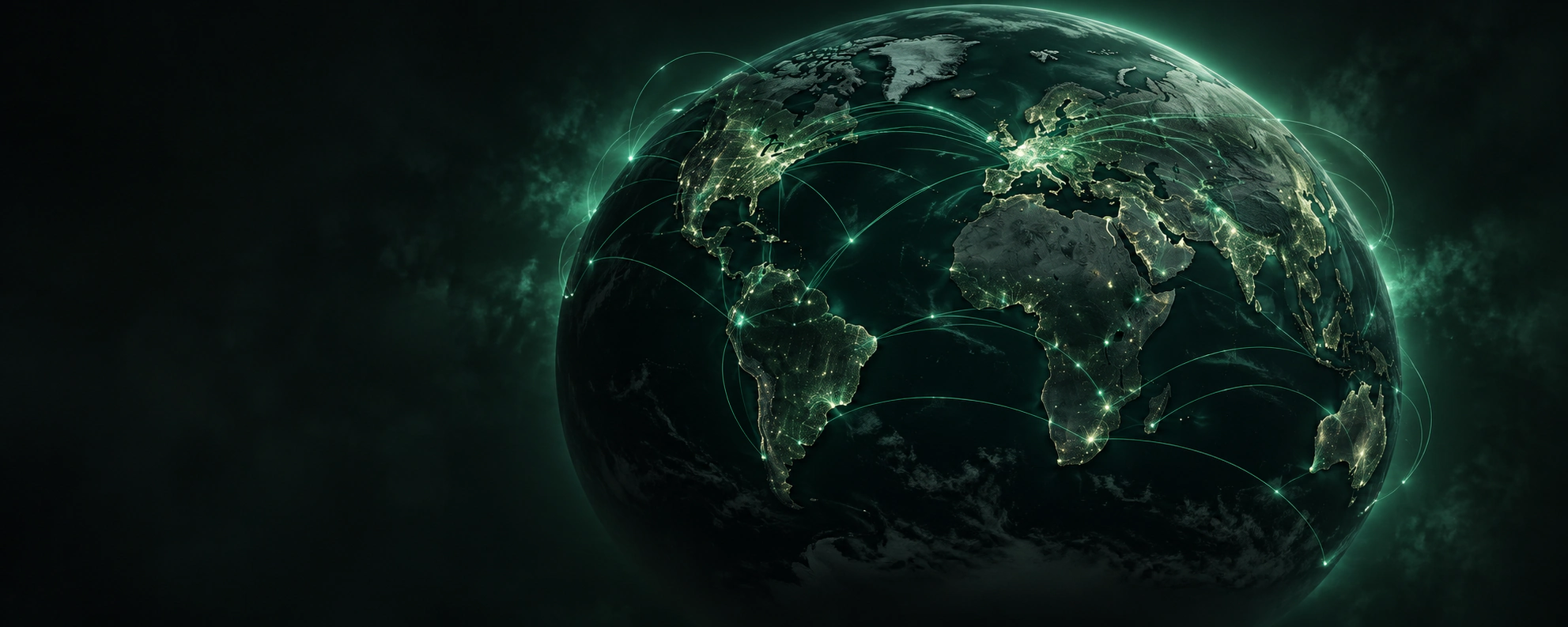 Globo terráqueo con rutas luminosas que representan la conexión internacional