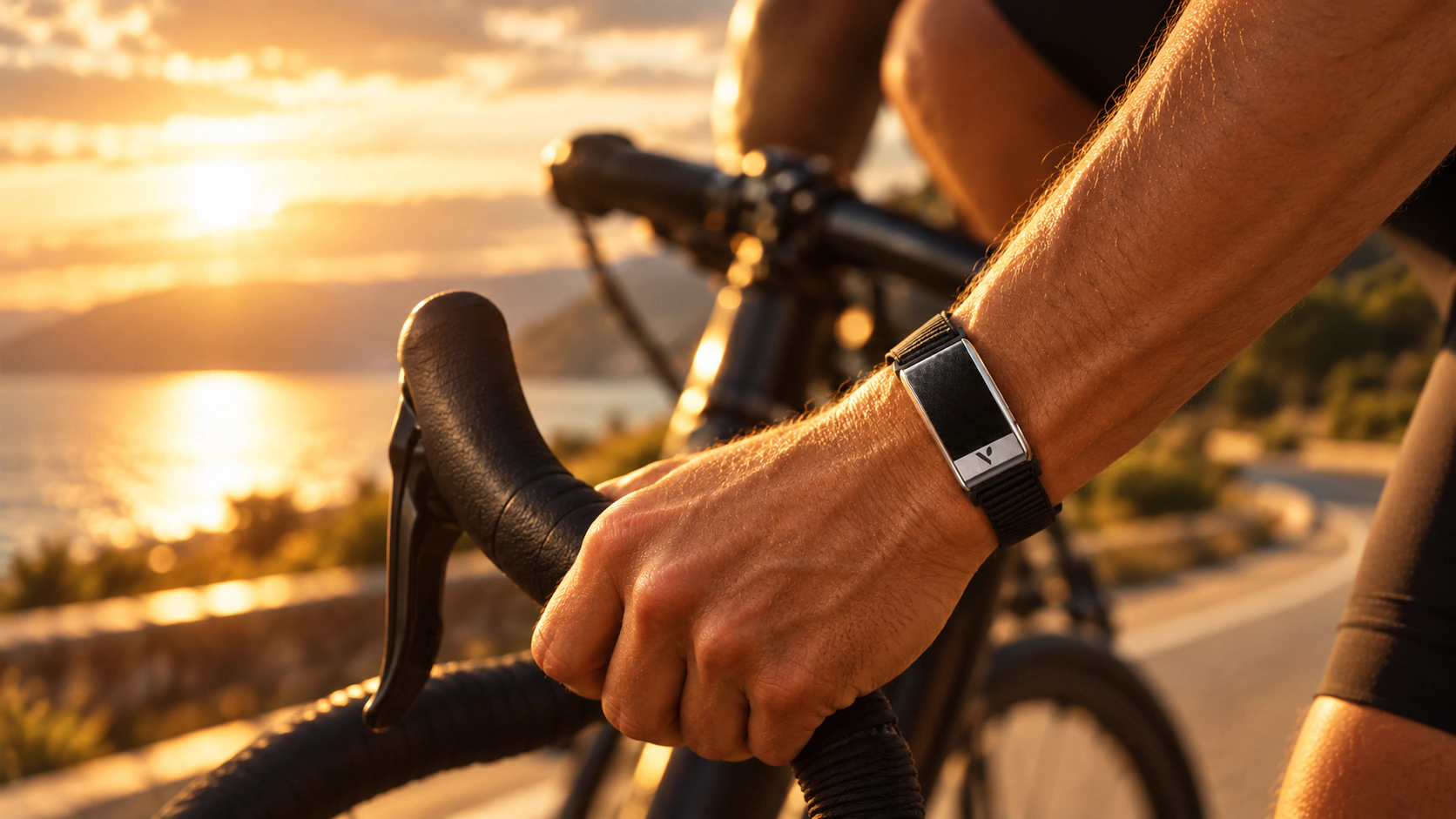 VitalSense en la muñeca de una persona junto a su bicicleta al atardecer